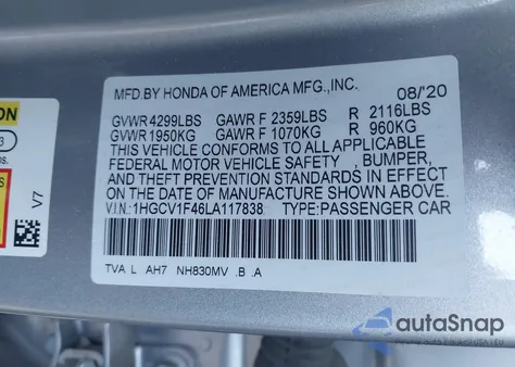 2020 Honda Accord Ex from USA, damaged, VIN 1HGCV1F46LA117838